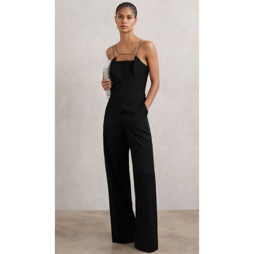 Reiss Black Wide-Leg Jumpsuit with Strappy Neckline